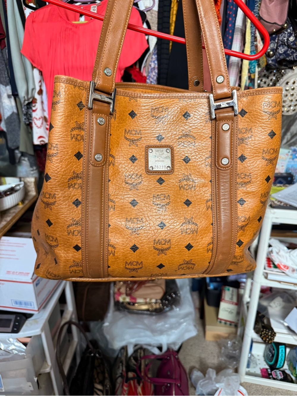 MCM Cognac Logo Visetos Tote in Tan Brown